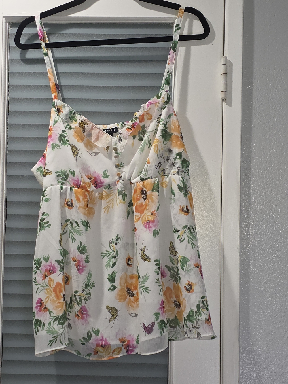 torrid White Floral Spaghetti Strap Camisole with Yellow & Pink Blooms